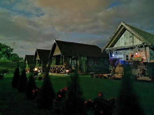 a large house with a yard with trees and lights at Etno selo EDEN in Žeravački Potok
