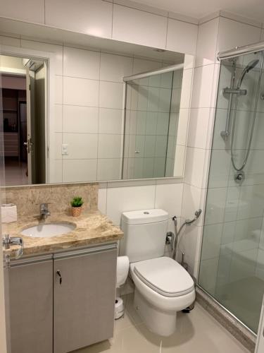 ein Bad mit einem WC, einem Waschbecken und einer Dusche in der Unterkunft Apartamento Novo, Próximo a Catedral de Pedra in Canela