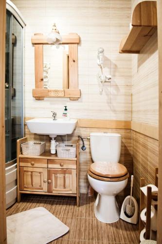 a bathroom with a toilet and a sink at Domek Regionalny KUBUŚ in Zakopane