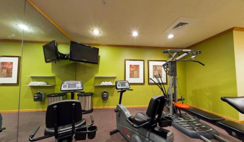 a gym with green walls and tread machines and a tv at Country Inn & Suites by Radisson, Rock Falls, IL in Rock Falls