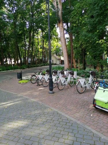 a group of bikes parked next to a light pole at Apartament Mateusz in Świnoujście