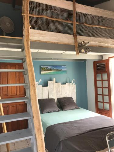 a bunk bed in a room with a ladder at Le repaire des Caraïbes in Trois-Rivières