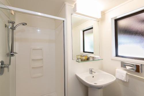 
a bathroom with a shower, sink, and mirror at Skotel Alpine Resort in Whakapapa Village
