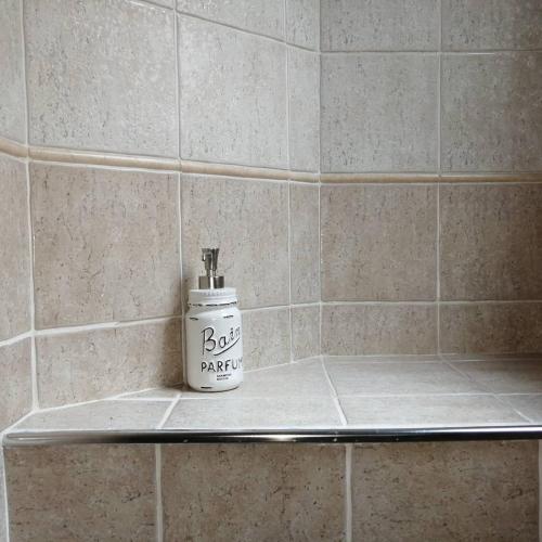 a soap dispenser sitting on a shelf in a bathroom at Pane&Burro in Vercelli