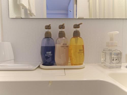 3 botellas de productos de limpieza sentadas en la encimera del baño en Meitetsu Inn Chita Handa Ekimae, en Handa