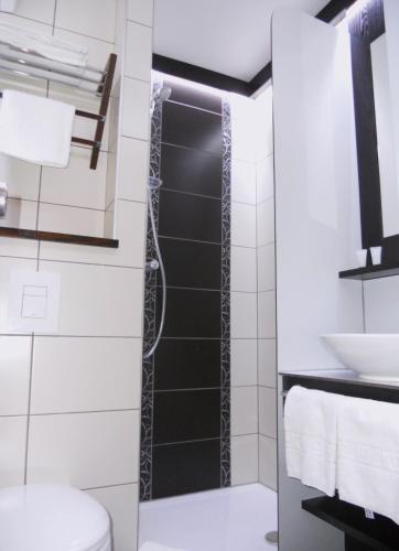 a bathroom with a shower and a toilet at Cottage Logis Hôtel - Restaurant in Dudelange