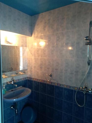 a bathroom with a sink and a shower at The Colourful Mansion Hotel in Ahtopol