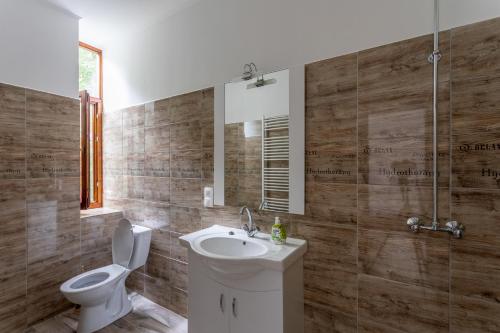 a bathroom with a toilet and a sink and a mirror at Pavilon Panzió Étterem és Pizzéria in Gyomaendrőd
