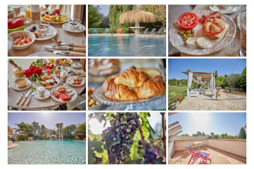 un collage di immagini con cibo e piscina di Sa Vinya des Convent - Hotel Bodega a Inca