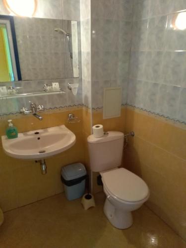 a bathroom with a white toilet and a sink at The Colourful Mansion Hotel in Ahtopol
