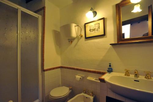 een badkamer met een toilet, een wastafel en een spiegel bij La Casa nel Castello di Gaiche in Piegaro