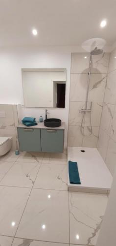 a white bathroom with a sink and a mirror at La Folie Hubert in Meung-sur-Loire