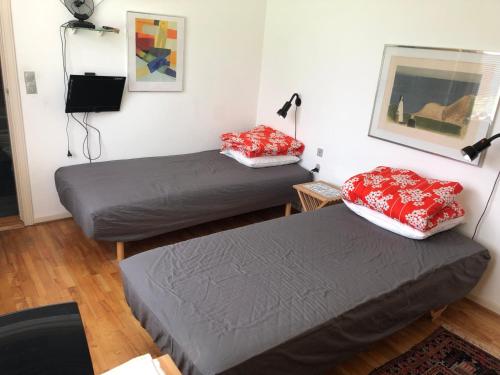 um quarto com duas camas e um candeeiro em Aabenraa Bed em Aabenraa
