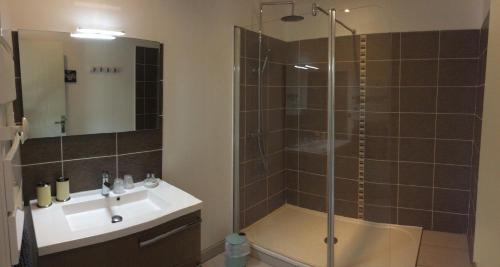 uma casa de banho com uma cabina de duche em vidro e um lavatório. em Chambres d'hôtes de L'orval em Thiergeville