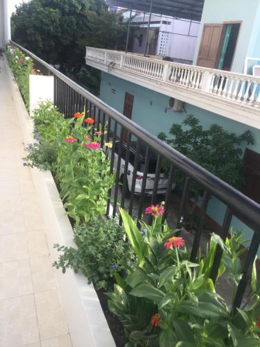 un balcón de un edificio con flores y plantas en Katy Hotel en Tuy Hoa