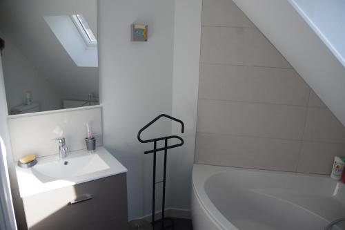 La salle de bains est pourvue d'un lavabo, de toilettes et d'une baignoire. dans l'établissement Gîte la Briantaise, à Saint-Malo