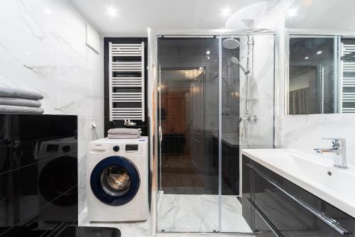 a bathroom with a washing machine and a sink at MIRA APARTMENTS in Gdańsk