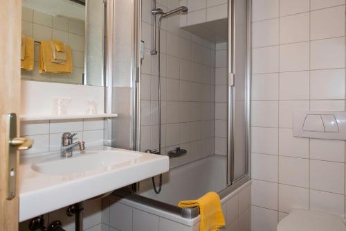 y baño con lavabo y ducha. en Hotel de Moiry Supérieur en Grimentz