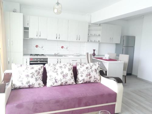 een woonkamer met een paarse bank in een keuken bij Apartament Coresi in Braşov