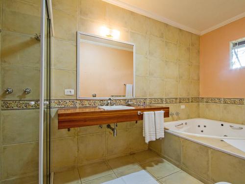 a bathroom with a shower and a sink and a tub at Pousada Recanto São Benedito in Campos do Jordão
