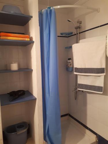 eine Dusche mit einem blauen Duschvorhang im Bad in der Unterkunft Leps Primera Linea las Canteras in Las Palmas de Gran Canaria