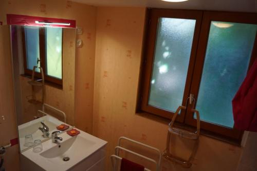 a bathroom with a sink and two windows at La petite maison dans la prairie in Cassaignes