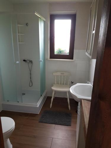 La salle de bains est pourvue d'une douche, de toilettes et d'un lavabo. dans l'établissement Chatki u Patki, à Łebieniec
