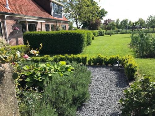 a garden with bushes and flowers in front of a house at Gastenverblijf De Natureluur in Noorden