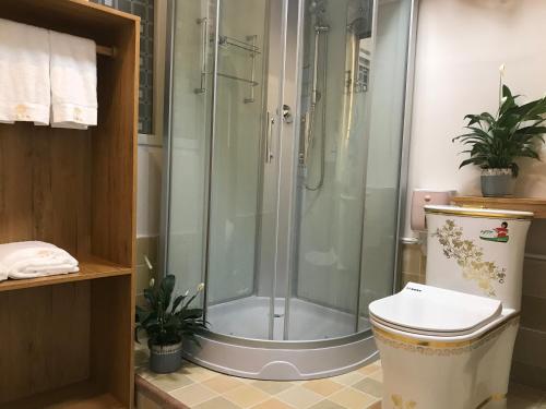 a bathroom with a shower and a toilet at Enshi Grand Canyon Chunlun Farmstay in Enshi