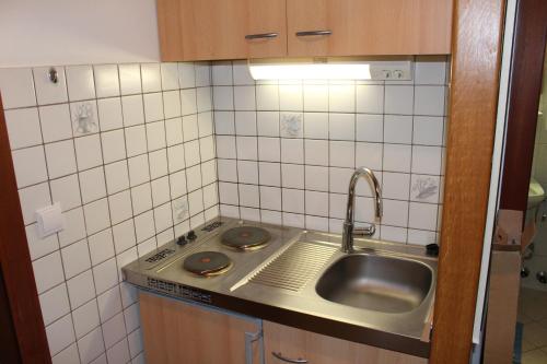 uma pequena cozinha com um lavatório e um fogão em Appartement 21 em Sankt Martin bei Lofer
