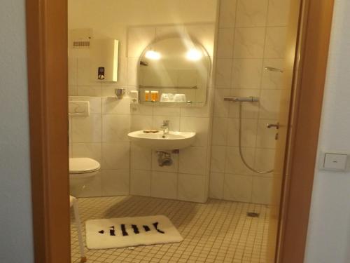 a bathroom with a sink and a toilet and a shower at Ostsee-Residenz 17 in Damp