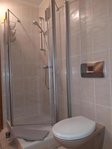 La salle de bains est pourvue d'une douche et de toilettes. dans l'établissement Ferienwohnung Trommblick - Natur Pur - Rimbach im Odenwald, à Rimbach