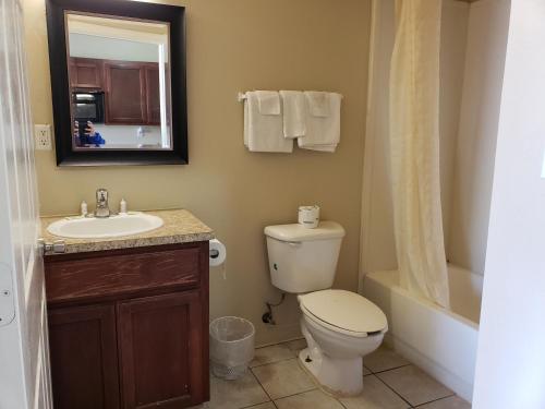 a bathroom with a toilet and a sink and a mirror at Crossroads Inn & Suites in Victoria