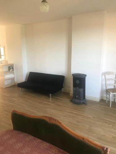 a living room with a black couch and a fireplace at Librairie Abelard in Montolieu