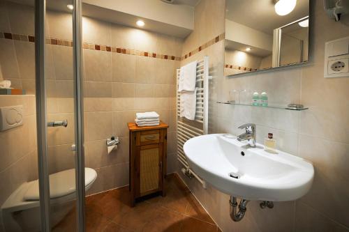 a bathroom with a sink and a shower at Hotel Gasthof zur Post in Winterberg