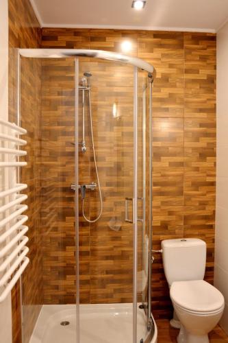 a bathroom with a shower and a toilet at Przystań Park Dolny in Szczawnica