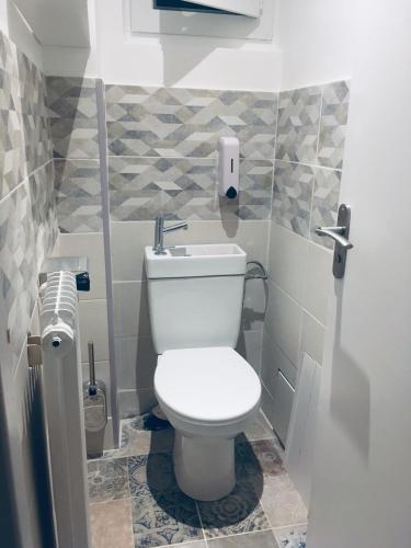 une salle de bain avec des toilettes blanches dans une chambre dans l'établissement Game Place (entre lac et montagne), à Thonon-les-Bains