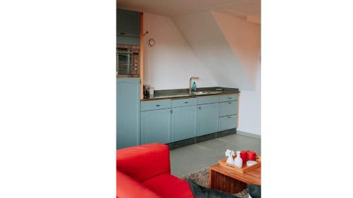 a kitchen with blue cabinets and a red chair at De Wolbert in Wapenveld