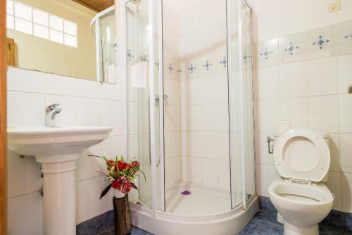 a bathroom with a shower and a toilet and a sink at Maison entière ChezSoa, antananarivo in Andoharanofotsy