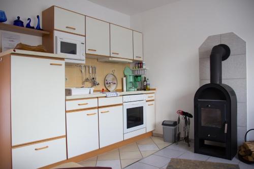 Il comprend une cuisine équipée d'une cuisinière et d'un four. dans l'établissement Kleines Ferienhaus zu Füßen des Rennsteigs, à Ruhla