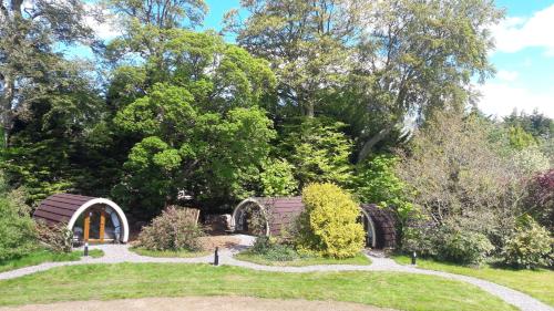 a garden with a pathway and trees in the background at Priory Glamping Pods and Guest accommodation in Killarney