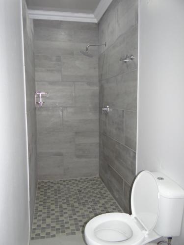 a bathroom with a toilet and a shower at CREDO Guest House in Bloemfontein