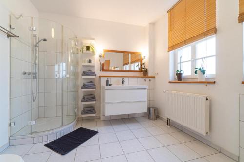 La salle de bains est pourvue d'une douche, d'un lavabo et d'un miroir. dans l'établissement Altstadtbleibe, à Naumbourg