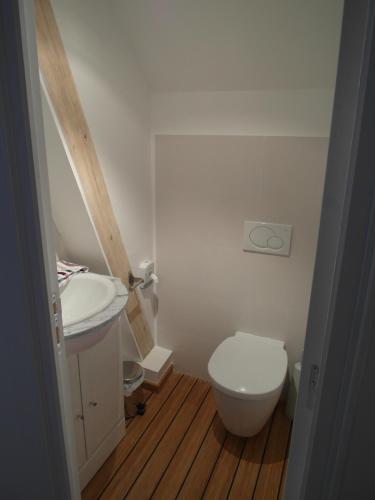 a small bathroom with a toilet and a sink at Les chaumières du Chêne in Pouillé
