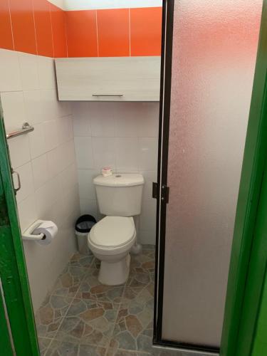 a bathroom with a white toilet in a room at Ecohotel Pinohermoso Reserva Natural in Salento