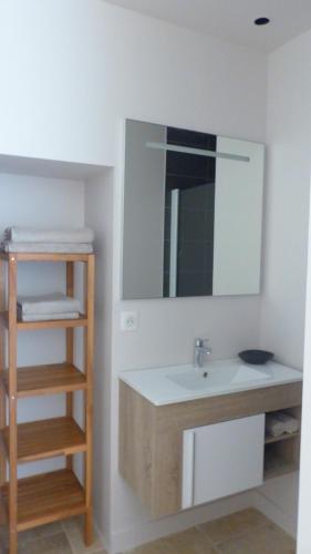 a bathroom with a sink and a mirror at Les Jardins Sauvages in Cabrerets