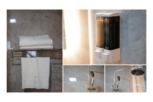 a collage of four pictures of a bathroom with towels at Vincent Halong Hotel in Ha Long