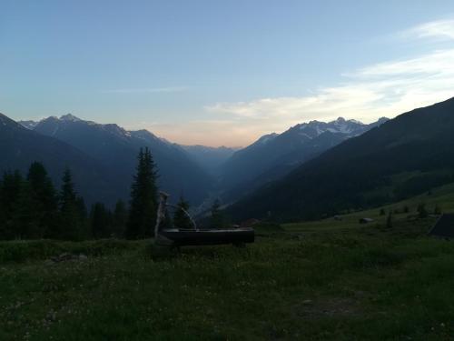 a bench in a field with mountains in the background at Haus in der Kurve in Kappl