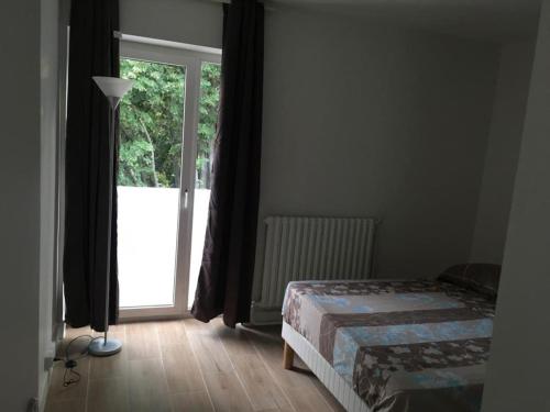 ein Schlafzimmer mit einem Bett und einer Glasschiebetür in der Unterkunft Nice appartment between Orly airport and Paris in Bagneux