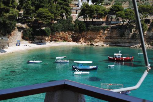 a group of boats in the water near a beach at Pension Dimitris in Votsi